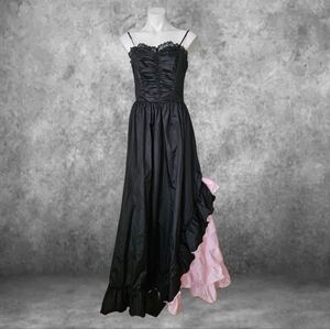 Vintage 80s Chic Black Gown with Pink Ruffle